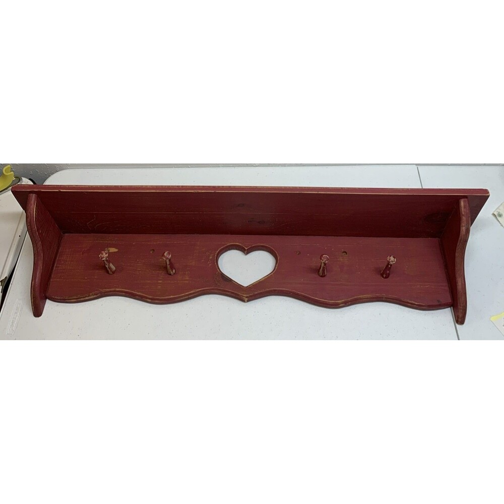 VTG Country Wooden Heart Wall Shelf Pegs Cottage Farmhouse Distressed 36x8x7.5 - Picture 2 of 10